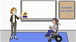 image of adult showing a symbol to a girl in a wheelchair 